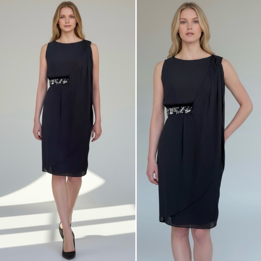 ANTONIO MELANI Grecian Style Chiffon Dress Sequins Around Waist Sleeveless Lined
